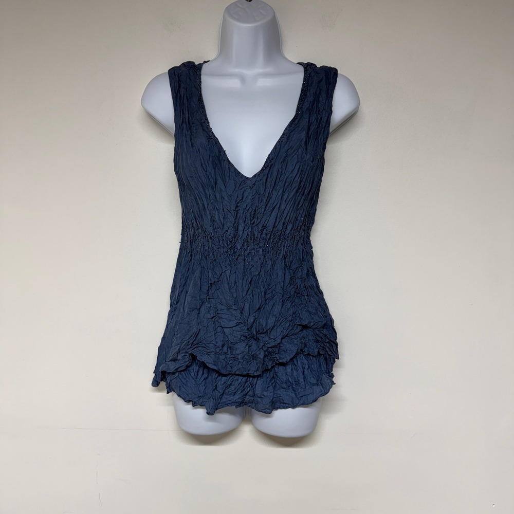 J. Jill Womens Small 100% Silk Crinkle Top Boho Beaded Embellished Layered Hem